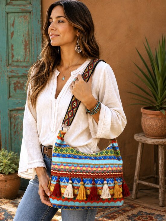 Boutique Handbags - Boho Southwestern Woven Tassel Hobo Bag Aztec Tribal Crossbody Shoulder Purse